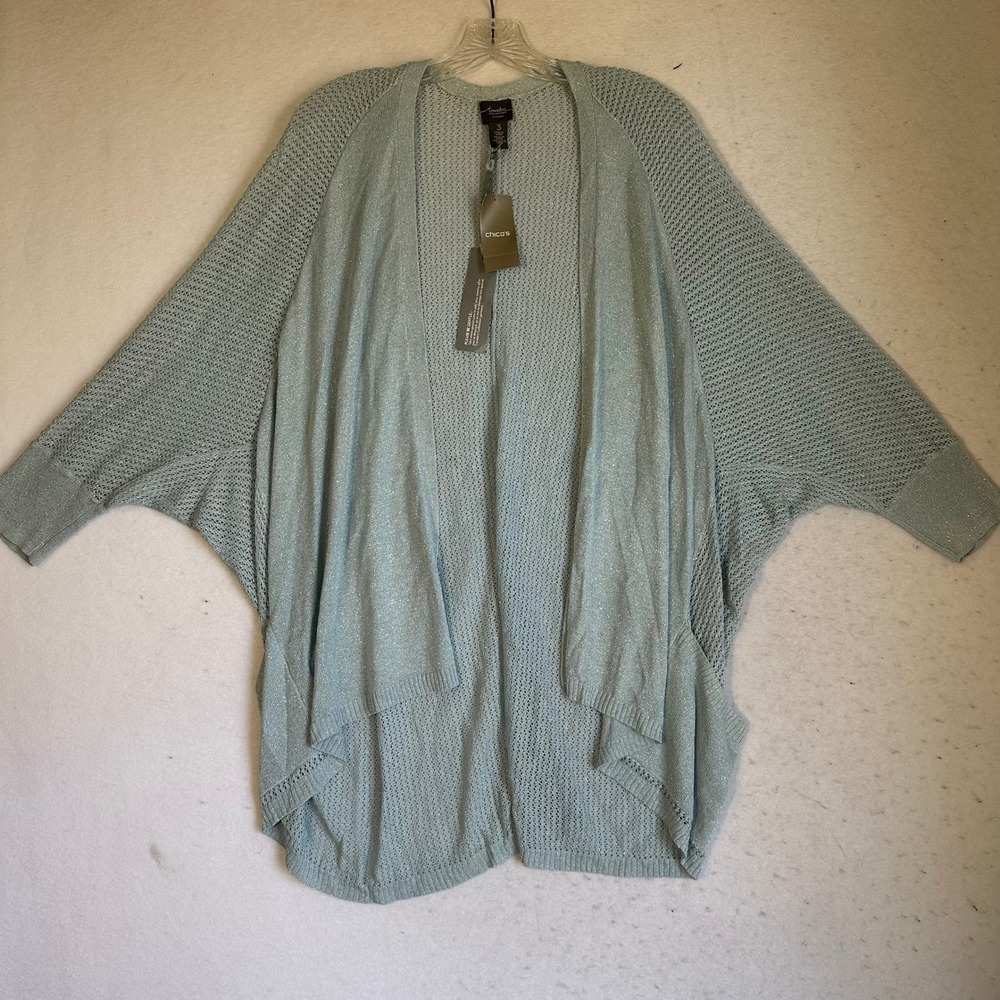 Chicos Travelers Sparkle Cardigan Sweater Jacket Blizzard‎ Blue Metallic Sz 3 XL